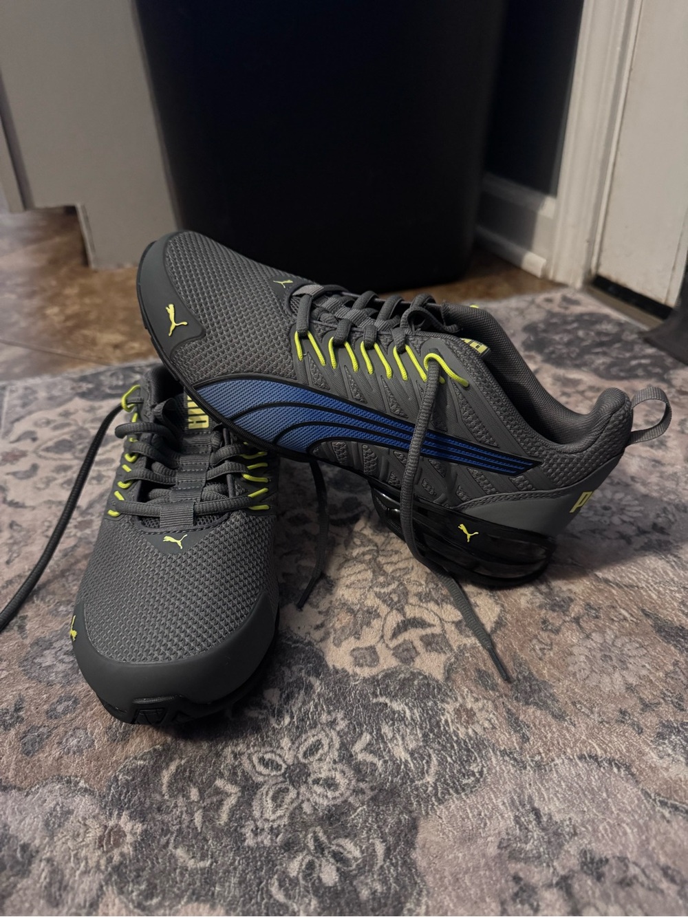 New! Puma Boys Gray Athletic Puma Sneakers with Blue Stripe and Neon Accents